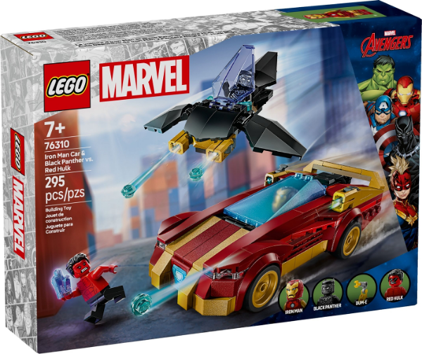 Afbeeldingen van LEGO Marvel 76310 Iron Mans auto en Black Panther vs. Rode Hulk